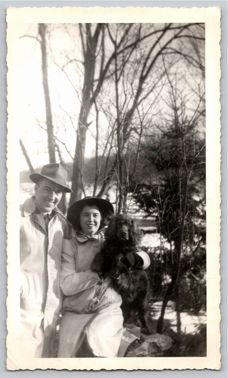 1940s Vintage B&W Photo Snapshot: Couple & Cocker Spaniel Dog