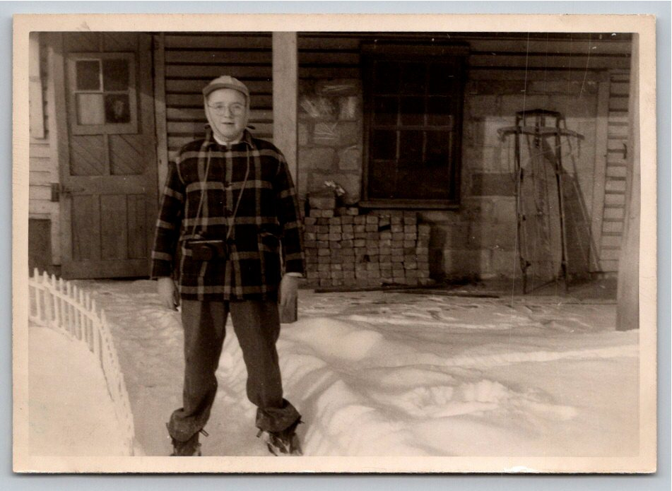 Vintage 1940s Winter Snowshoes Snapshot: Plaid Jacket & Sled
