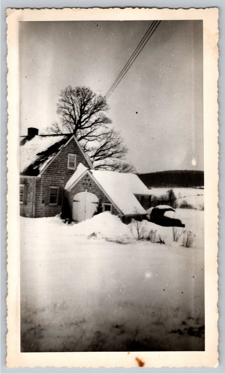Vintage 1947 Winter Farmhouse Photo: Snow-Covered Rural Landscape