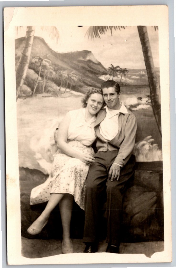 Vintage Tropical Studio Portrait RPPC: Mid-Century Couple