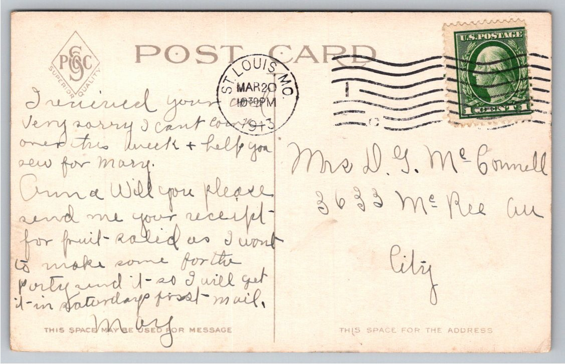 Antique 1913 Soldan High School Postcard, St. Louis Missouri - Back / Reverse View