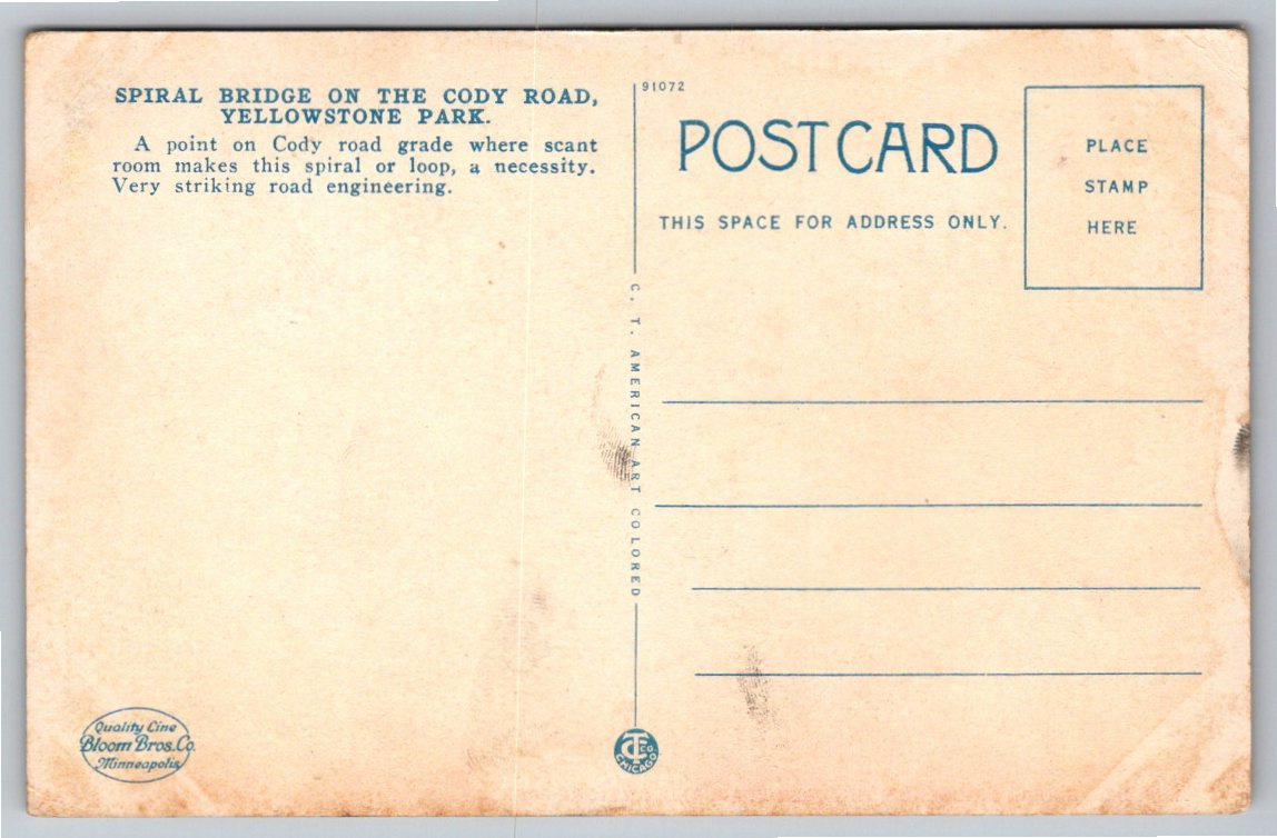 1920s Yellowstone National Park Spiral Bridge Cody Road Postcard - Back / Reverse View