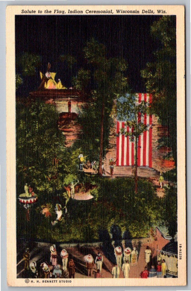1941 Stand Rock Indian Ceremonial Wisconsin Dells Flag Postcard
