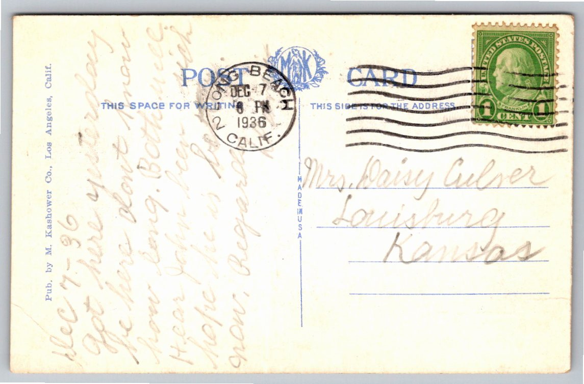 Vintage 1936 Long Beach Ocean Front Park California Linen - Back / Reverse View