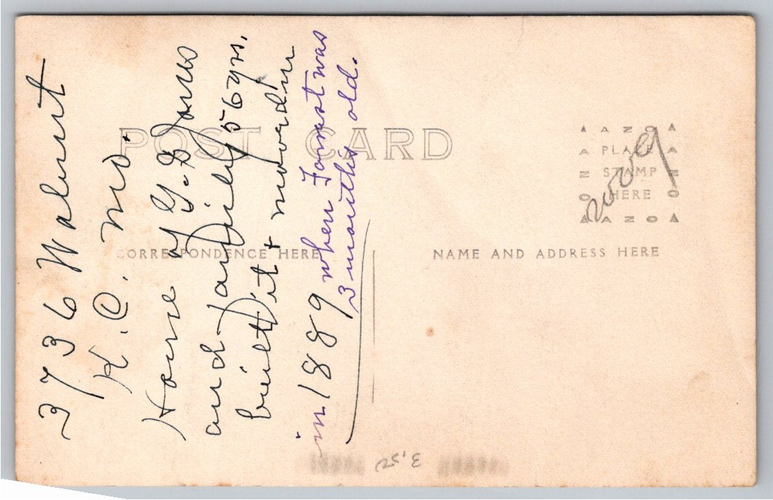 Vintage 1889 Kansas City Residence RPPC: 3736 Walnut Street - Back / Reverse View