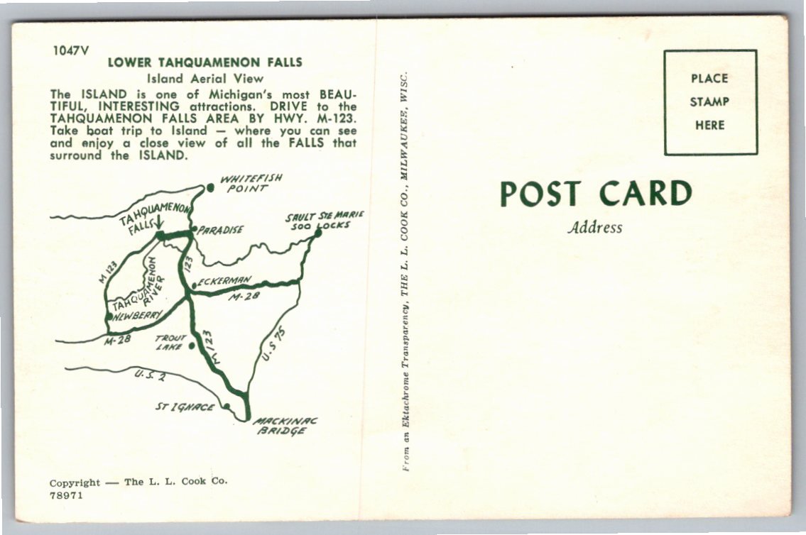 Vintage Aerial View Lower Tahquamenon Falls Island Michigan - Back / Reverse View