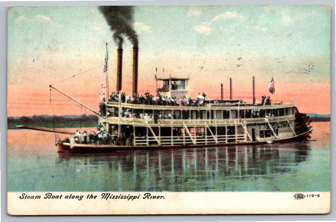 1909 City of Moline Mississippi River Steamboat Antique Postcard