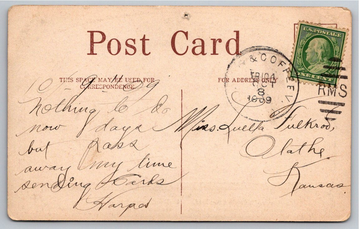 1909 Antique Moonlight Landscape Postcard with Poetry to Olathe - Back / Reverse View