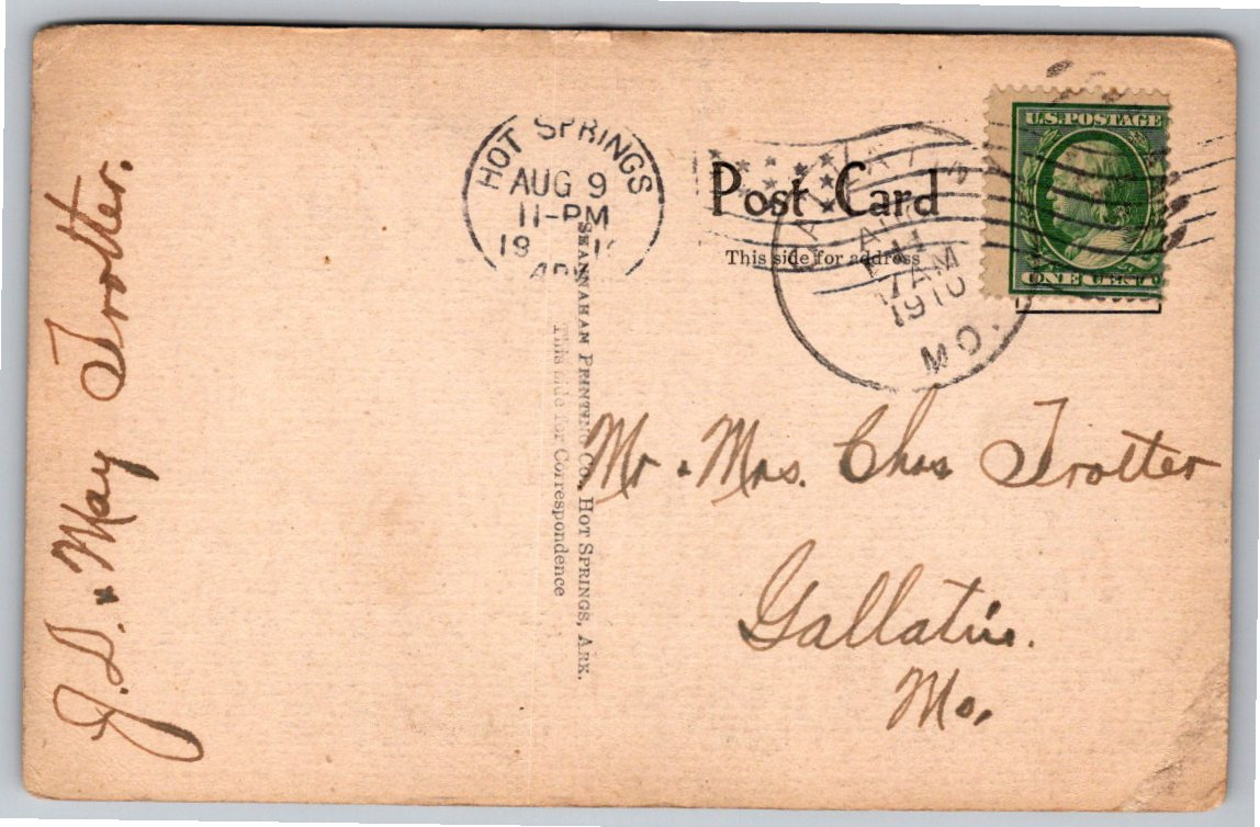 Vintage 1910 Moody Hotel & Bath House Postcard | Hot Springs - Back / Reverse View