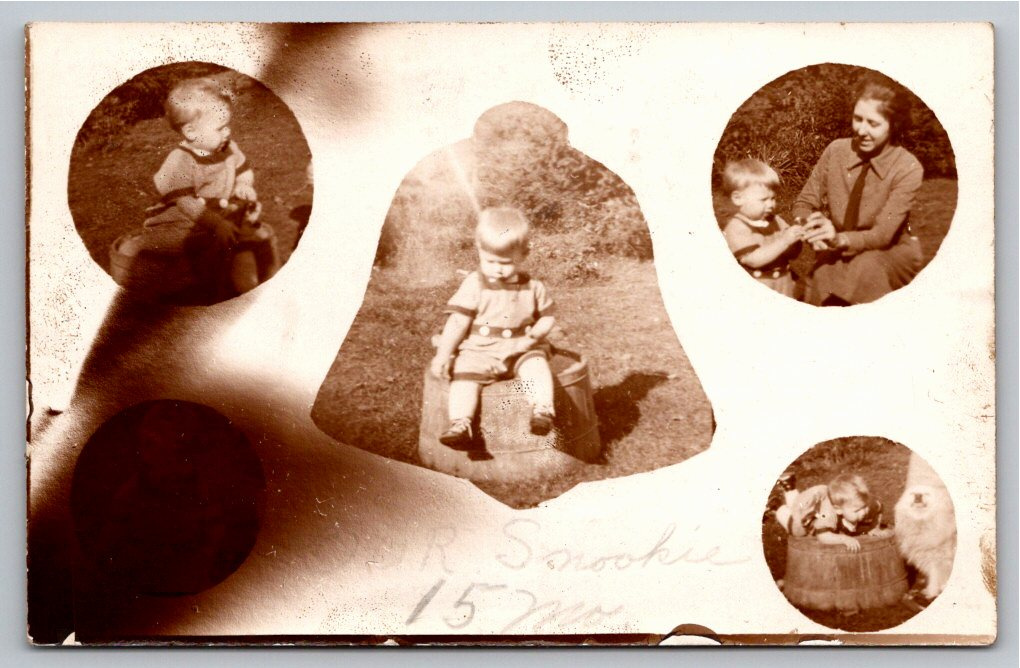 1930s Toddler Snookie & Fluffy Dog Outdoor Sepia Photo Snapshot