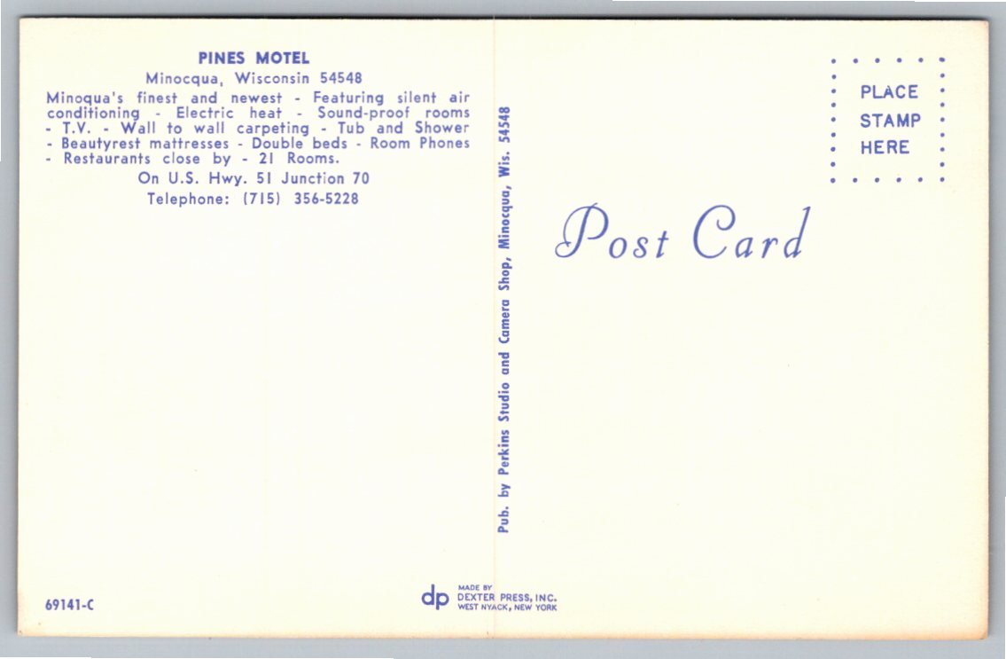 Vintage Pines Motel Minocqua Wisconsin Postcard Dexter Press - Back / Reverse View