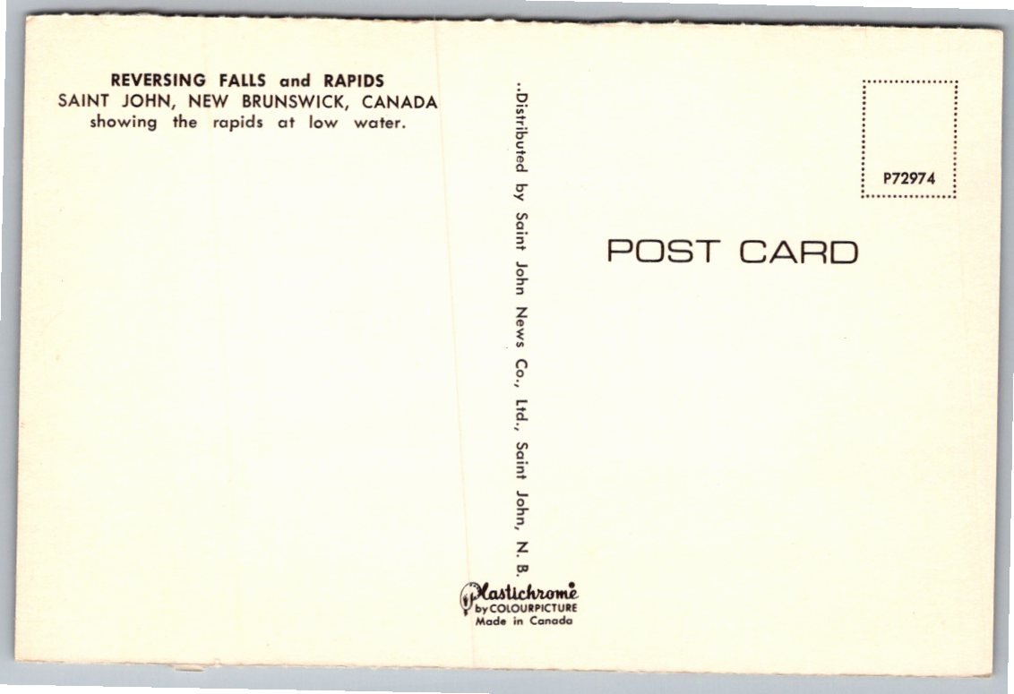 Vintage Saint John, New Brunswick Postcard: Reversing Falls - Back / Reverse View
