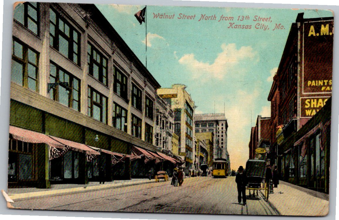 Vintage 1909 Kansas City Streetcar Postcard: Walnut Street Scene