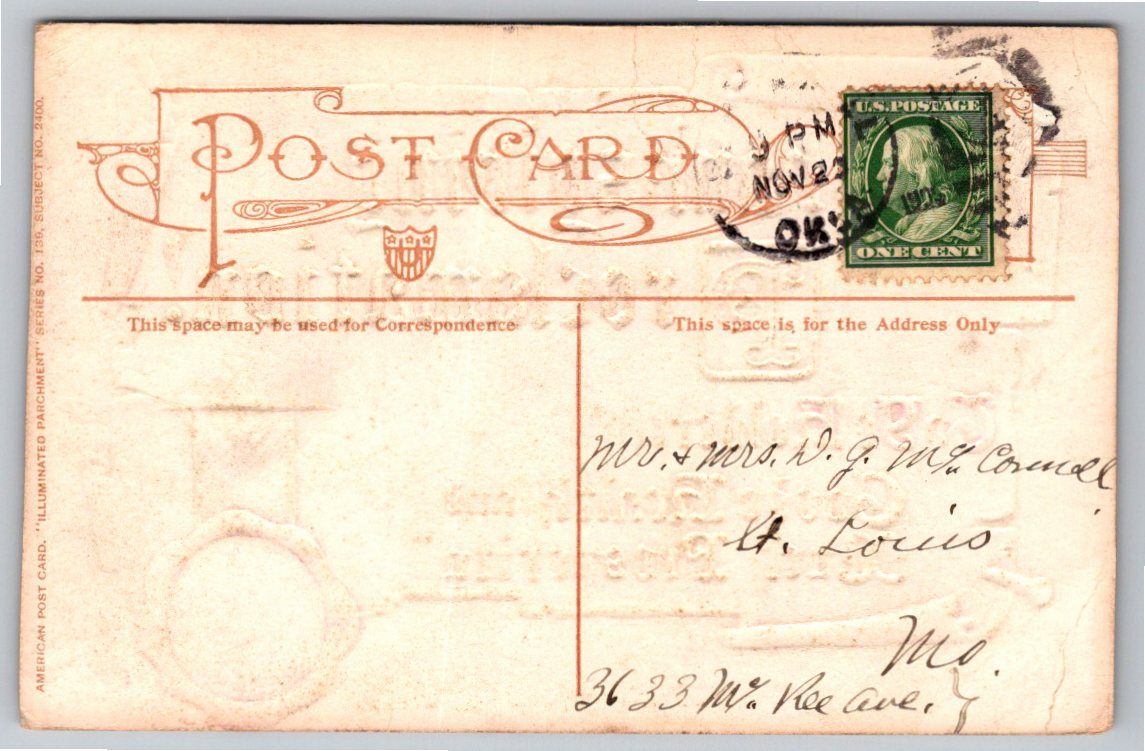 Antique 1909 Ullman Thanksgiving Proclamation Embossed Postcard - Back / Reverse View