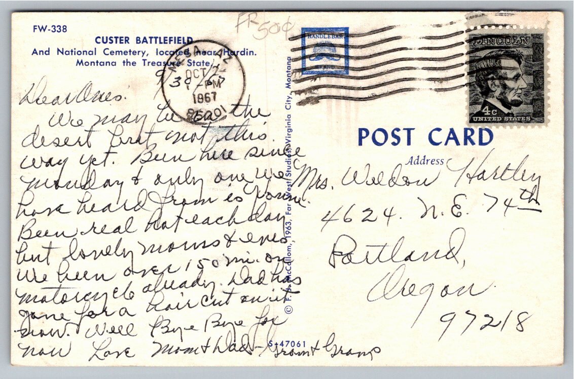 Custer Battlefield & National Cemetery Montana Vintage 1960s - Back / Reverse View