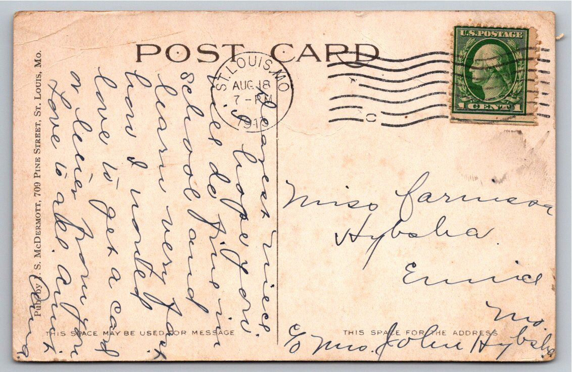 1910 OFallon Park Fountain & Water Lilies St. Louis Postcard - Back / Reverse View