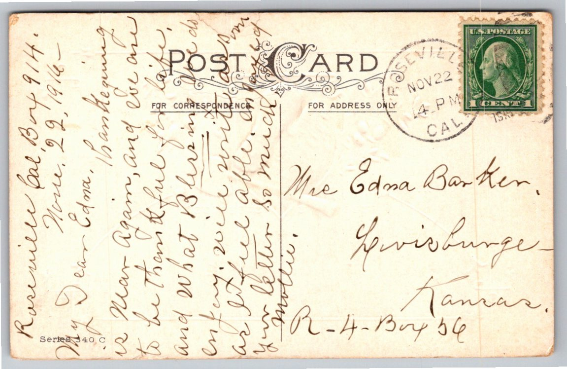 Vintage 1916 Embossed Thanksgiving Postcard with Turkey Axe Crest - Back / Reverse View