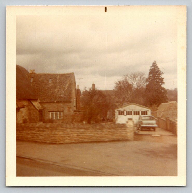 Vintage 1970 Color Snapshot: Rural English Thatched Cottage & Car