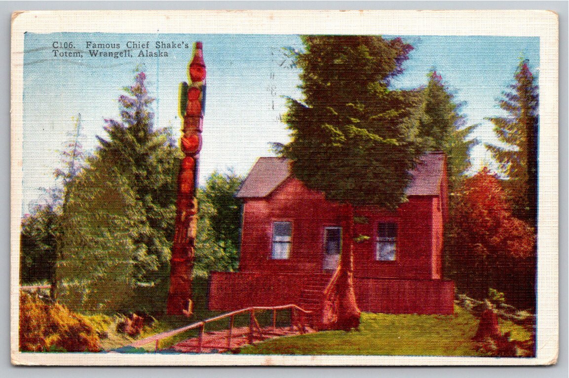 Vintage Chief Shakes Totem Pole Linen Postcard, Wrangell Alaska