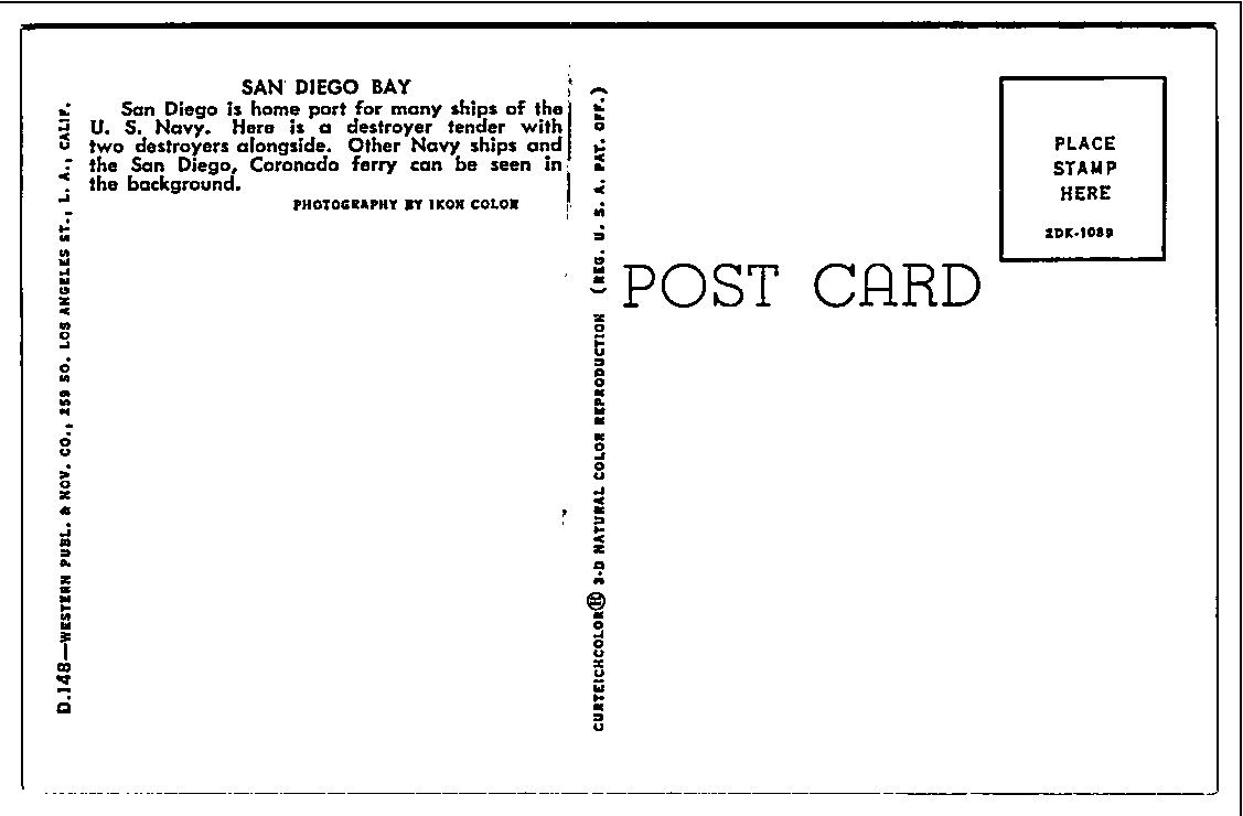 1960s Vintage San Diego Bay US Navy Destroyer Tender Postcard - Back / Reverse View