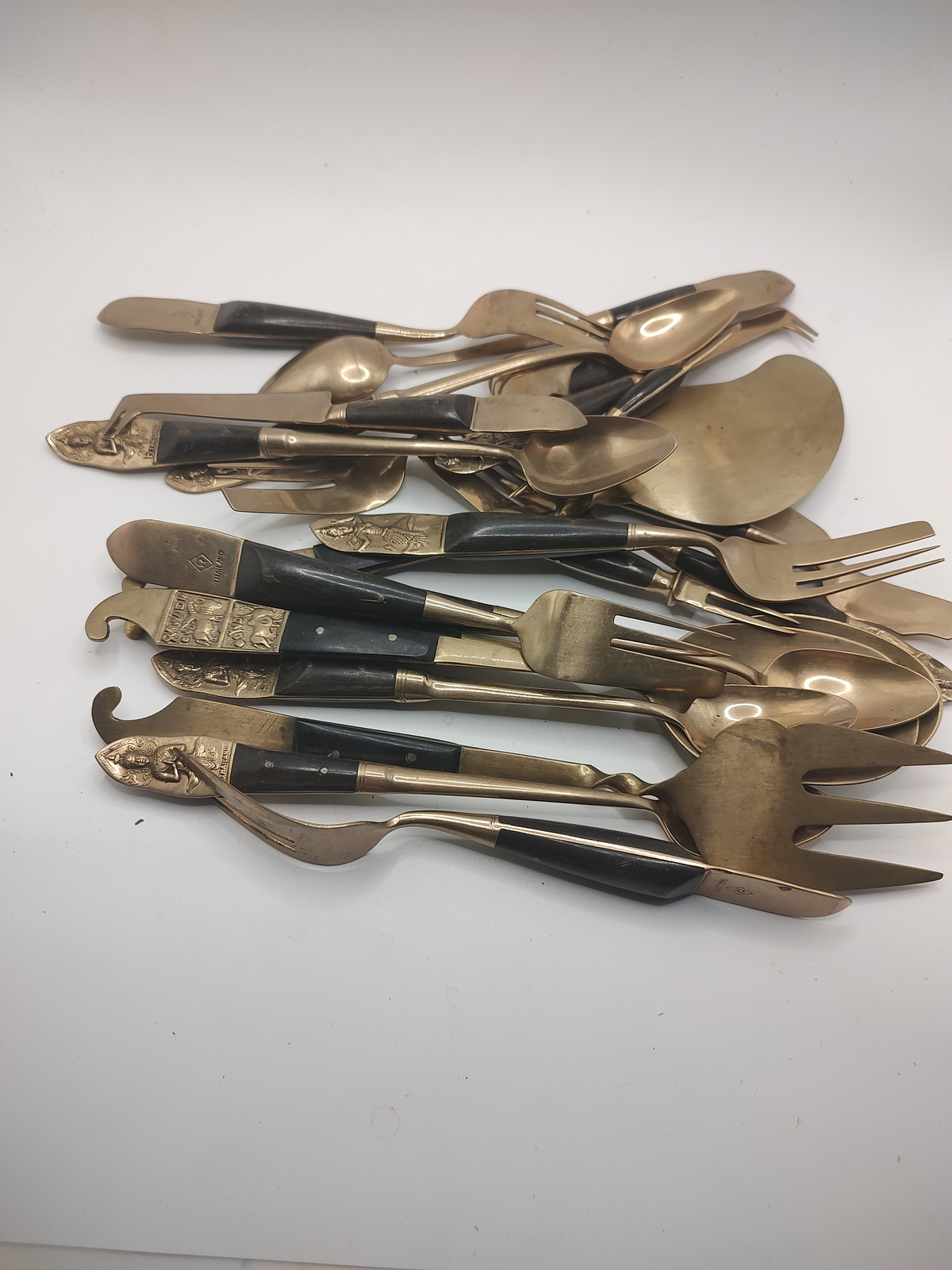 Vintage Thai Brass Cutlery Set: Mid-Century Siam Goddess Flatware
