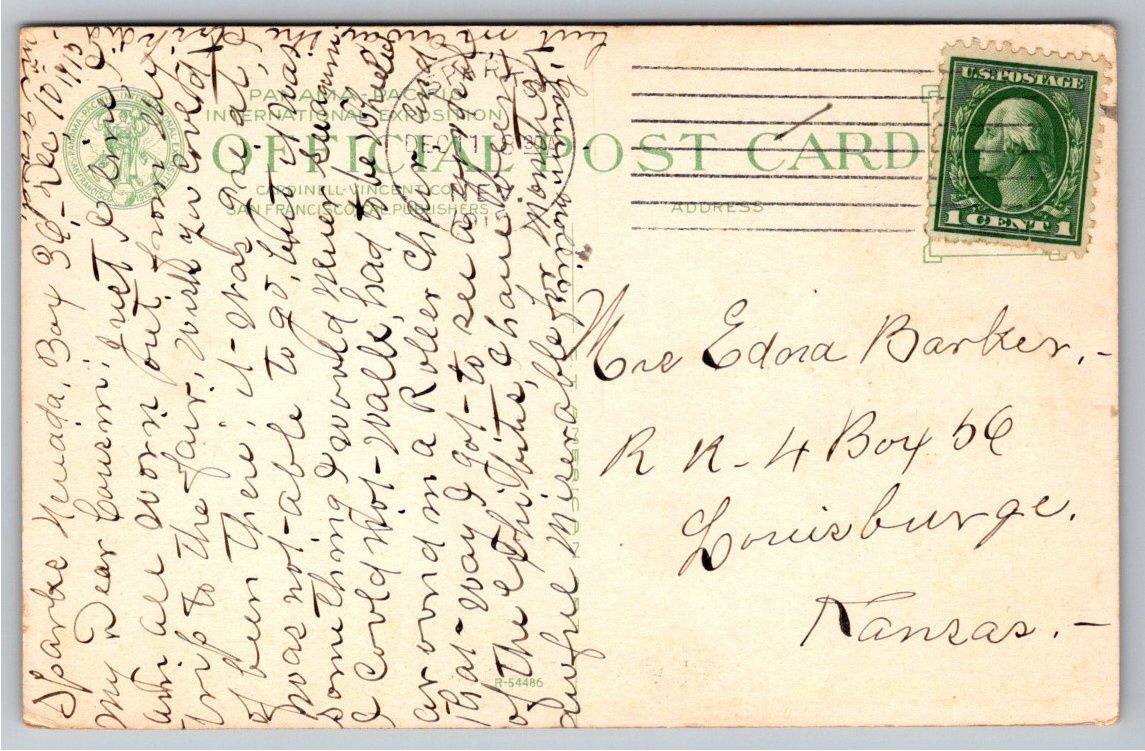 1915 Panama Pacific Expo Palace of Horticulture Vintage Postcard - Back / Reverse View
