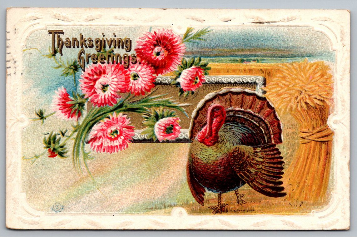1913 Antique Embossed Thanksgiving Postcard with Turkey & Flowers