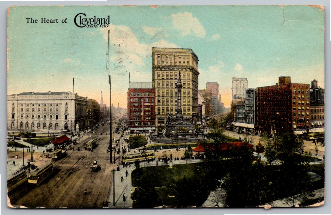 1913 Cleveland Ohio Public Square Postcard: Trolleys & Sixth City