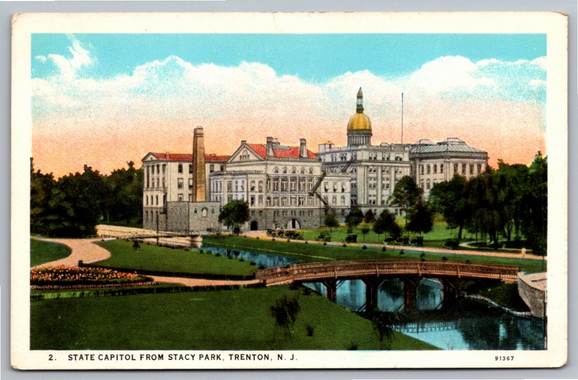 1920s New Jersey State Capitol Postcard: Stacy Park Trenton View