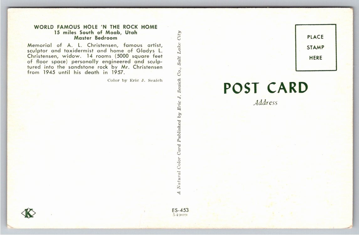 1950s Hole N The Rock Master Bedroom Moab Utah Cave Home Postcard - Back / Reverse View