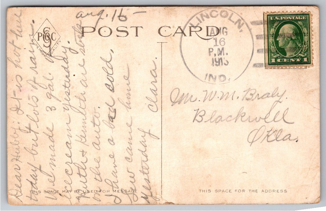 Vintage 1915 Kokomo Indiana City Building Postcard with Antique - Back / Reverse View