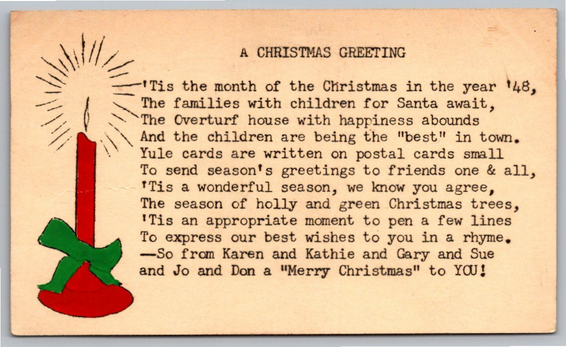 Vintage 1948 Hand-Drawn Christmas Card: Fairbury Nebraska Folk