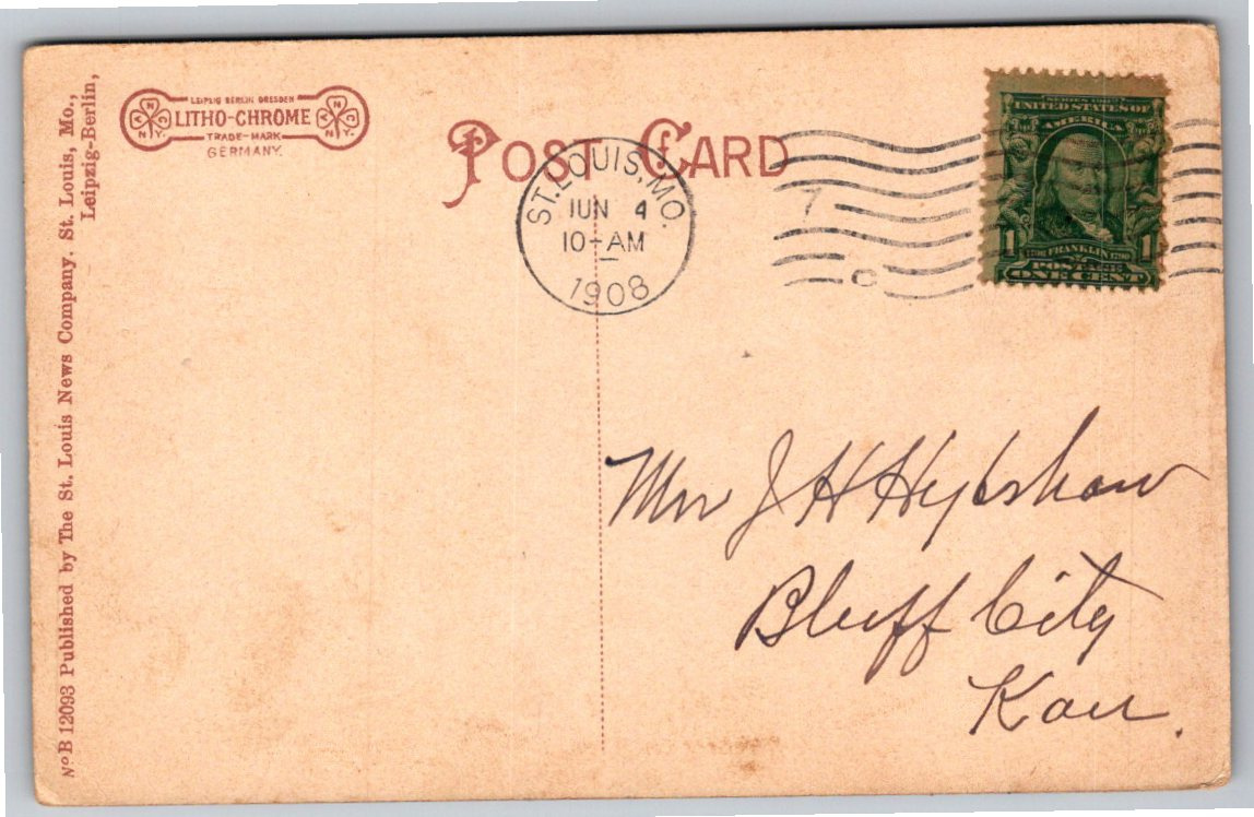 1908 Forest Park St. Louis MO Horse Carriage Litho-Chrome - Back / Reverse View