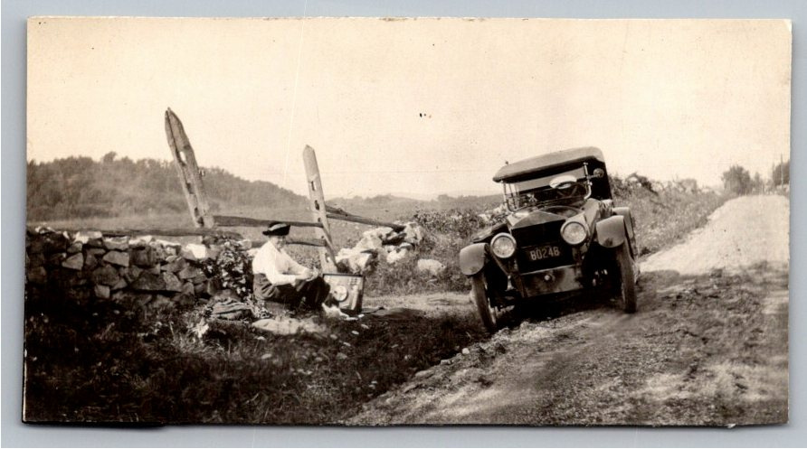 1920s Antique Car & Dirt Road Picnic Vintage Photograph