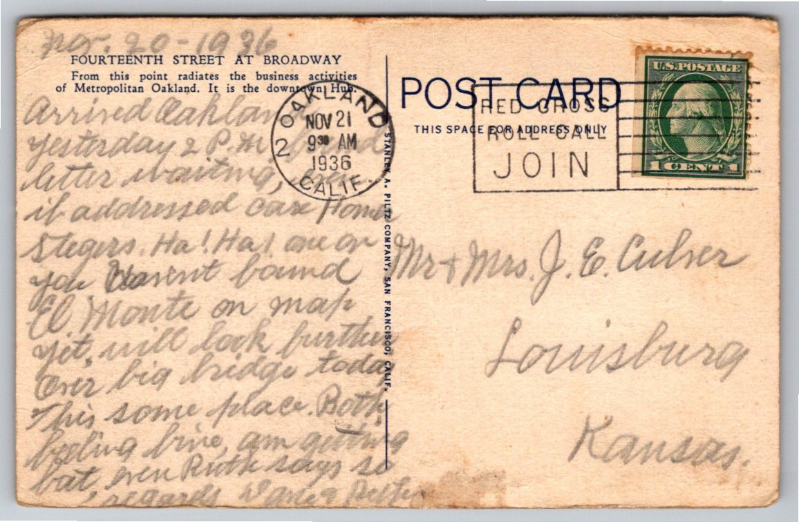 1935 Oakland Tribune Tower & Broadway California Linen Postcard - Back / Reverse View