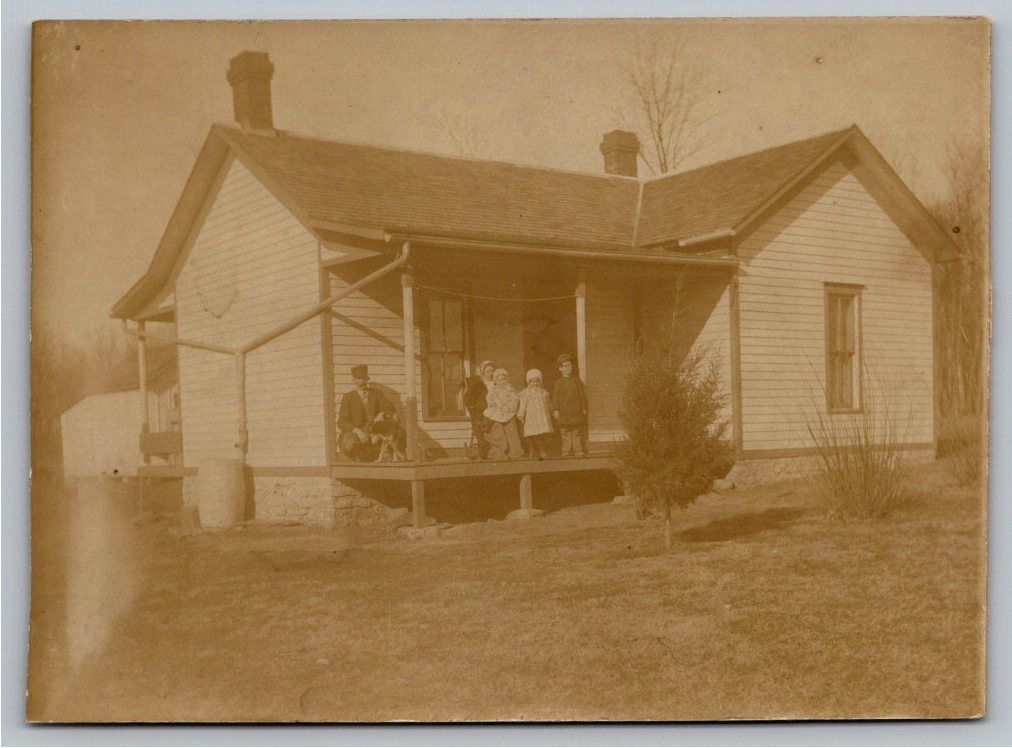 Vintage Real Photo Postcard: Rural Family & Dog on Porch, c. 1910