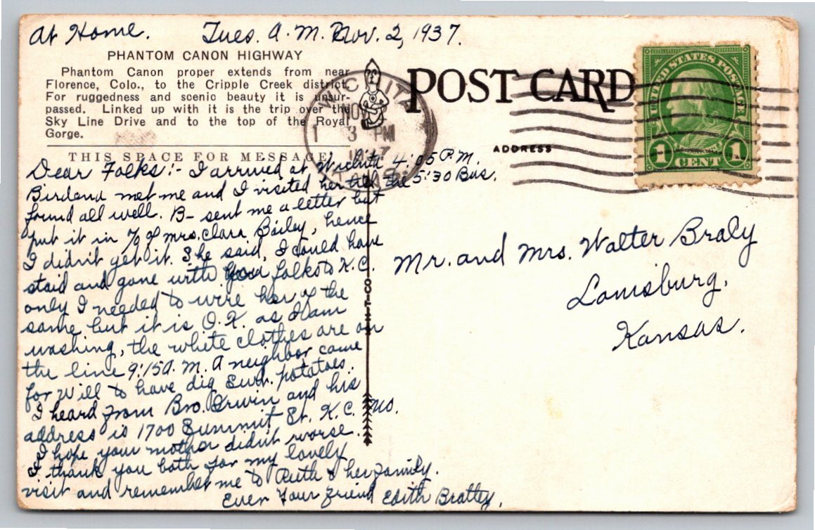 1937 Phantom Canyon Highway Colorado Curved Bridge Linen Postcard - Back / Reverse View