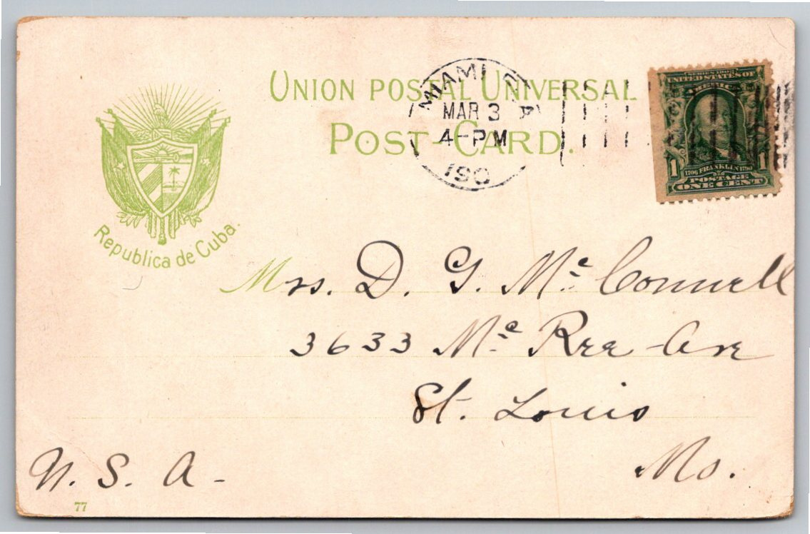 1908 Prado Avenue Havana Cuba Vintage Trolley Streetcar Postcard - Back / Reverse View