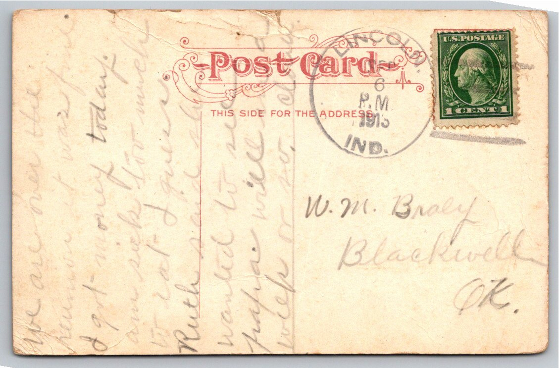 Vintage 1913 Logansport Indiana Postcard: Broadway Looking East - Back / Reverse View