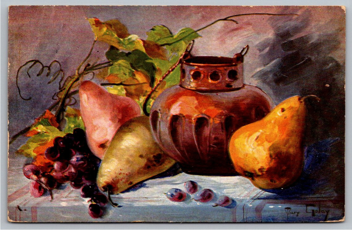 1909 Mary Golay Antique Still Life Postcard: Pears & Copper