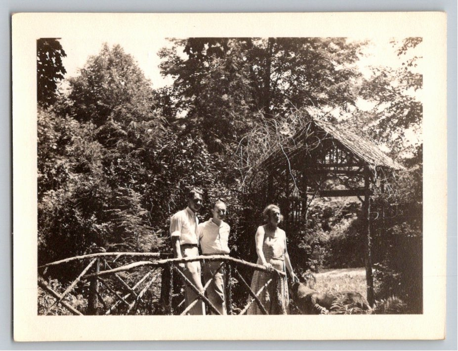 Vintage 1930s Snapshot: Rustic Garden Bridge, Gazebo & Family
