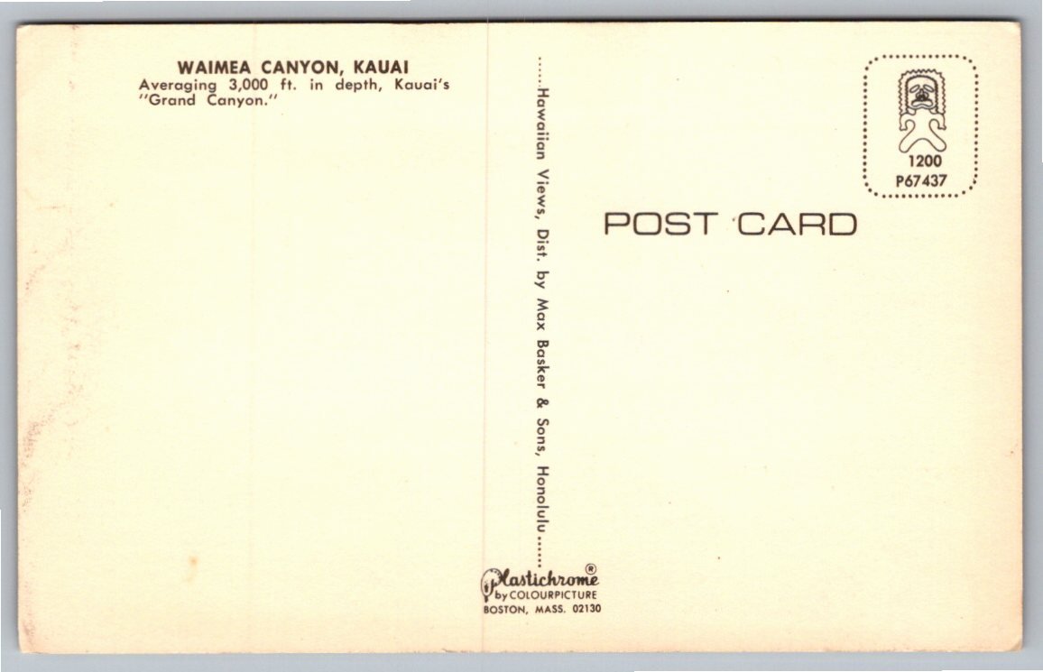 Vintage Waimea Canyon Kauai Hawaii Postcard Plastichrome Unposted - Back / Reverse View