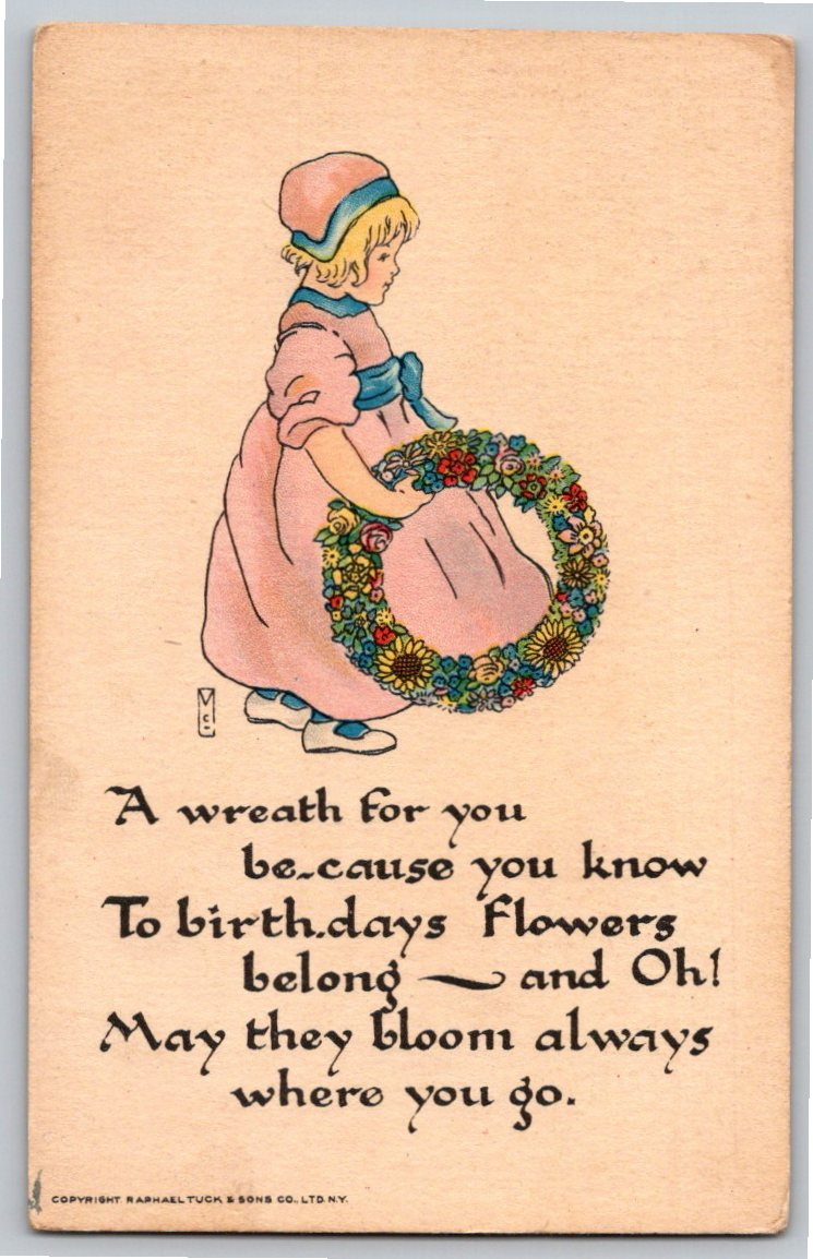 1910s Raphael Tuck Birthday Children Postcard No. 102 Wreath