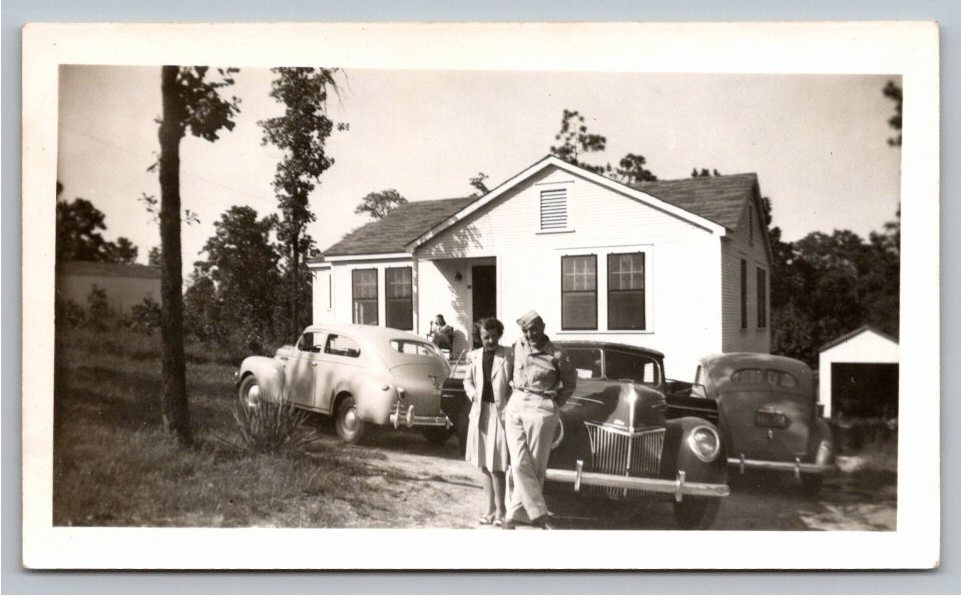 Vintage 1940s WWII Soldier Couple with 1939 Ford Deluxe Snapshot
