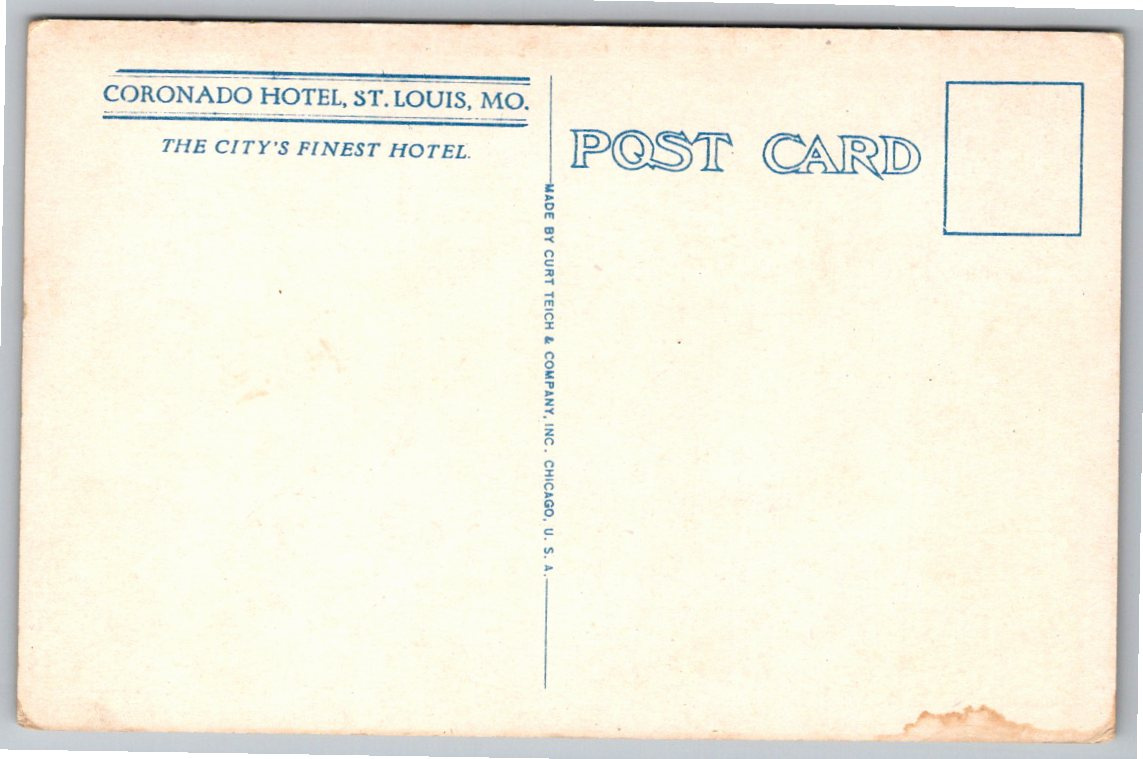 Vintage 1920s Coronado Hotel St. Louis MO Postcard | Curt Teich - Angle / View 3