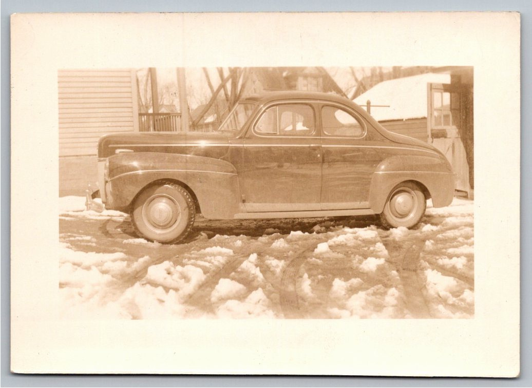 1940s Ford Coupe Automobile in Winter Snow Vintage Snapshot Photo