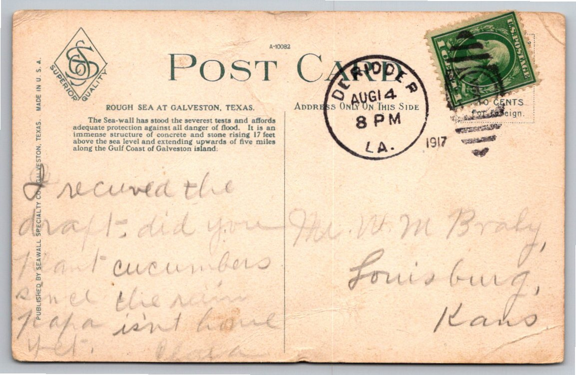 1917 Galveston Texas Seawall Crashing Waves Vintage Postcard - Back / Reverse View