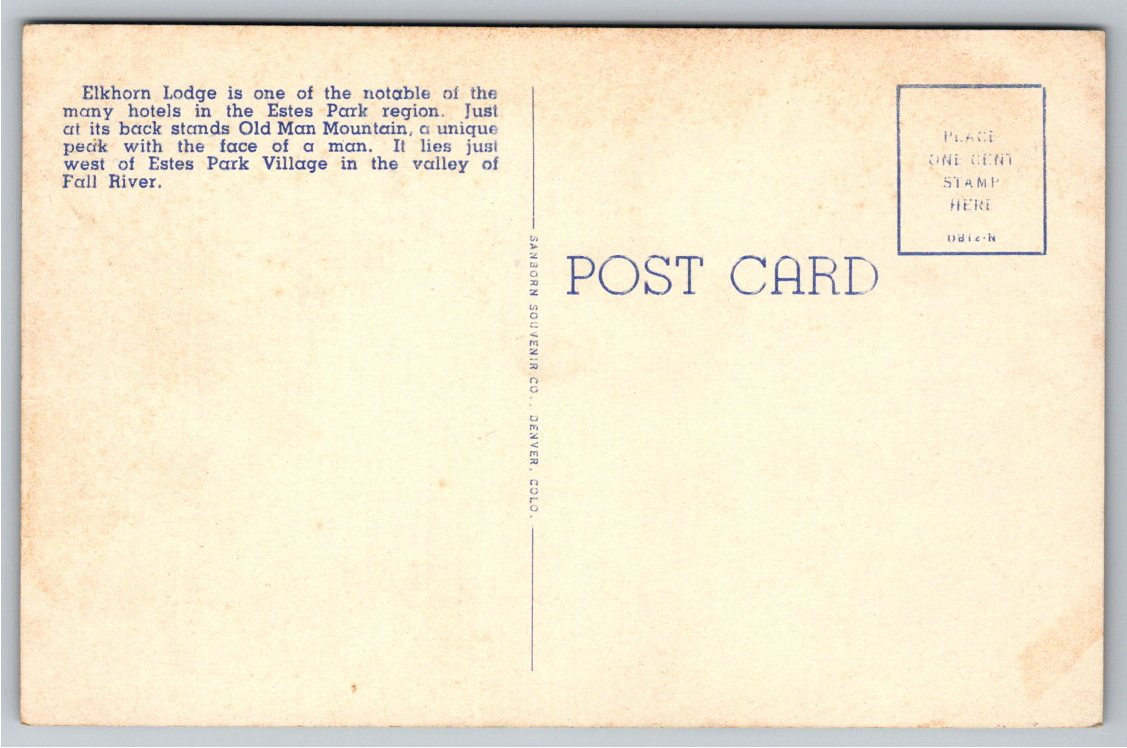 Vintage 1940s Elkhorn Lodge Postcard, Estes Park & Old Man - Back / Reverse View