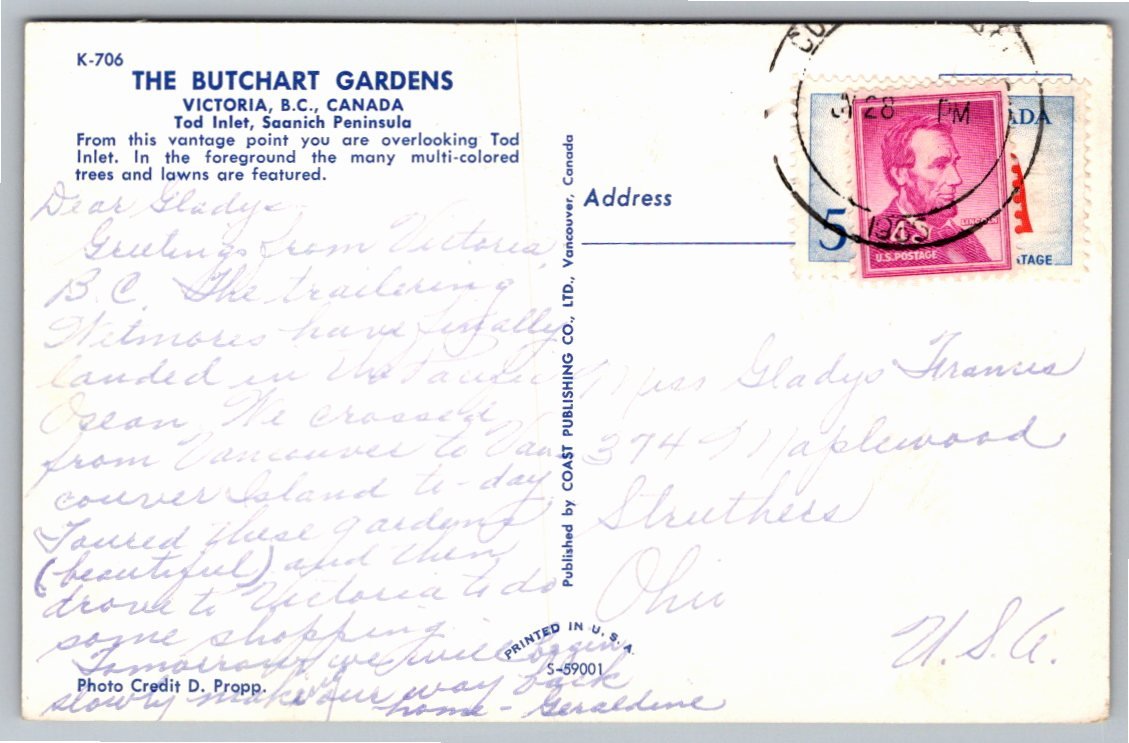 Vintage Butchart Gardens Victoria BC Postcard: Tod Inlet View - Back / Reverse View