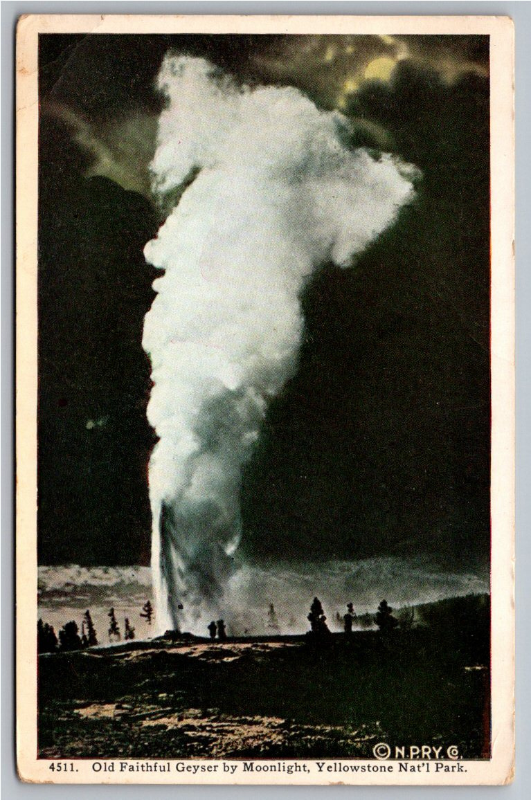 Antique 1910s Old Faithful Geyser Moonlight Yellowstone Postcard